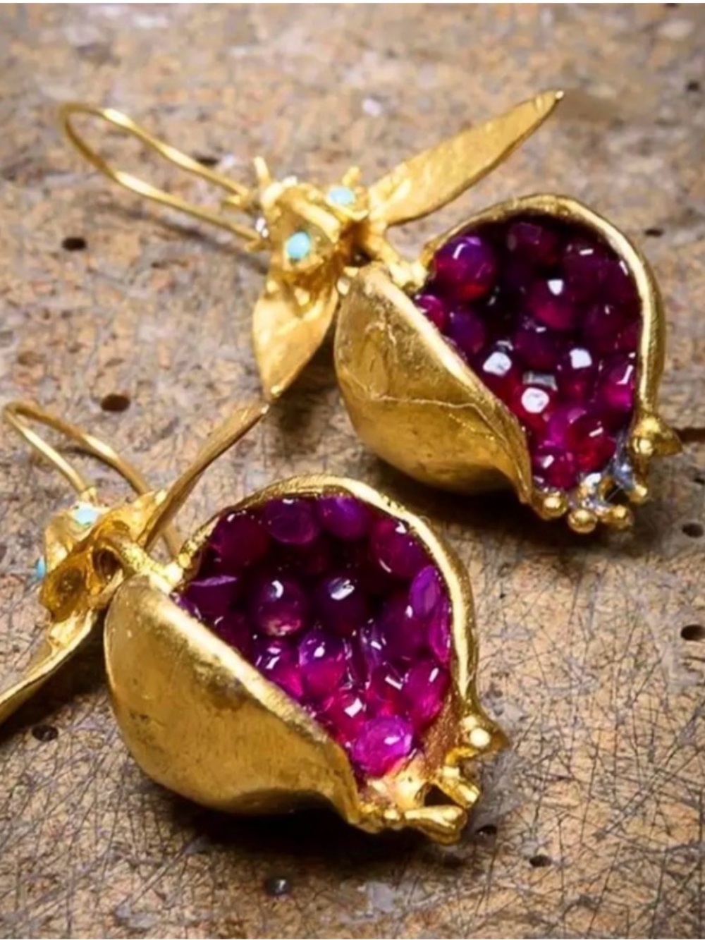 Jeweled Pomegranate Gold Dangle Unique Earrings